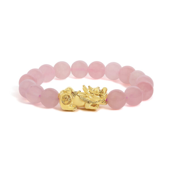 18K Yellow Gold Dragon Charm Natural Rose Quartz Beaded Charm Bracelet