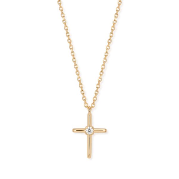 14K Gold plated cross pendant with a single center stone, on a chain with lobster clasp