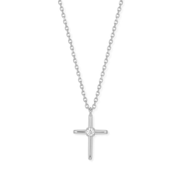 Sterling silver cross pendant with a single center-set stone, on a chain with a lobster clasp