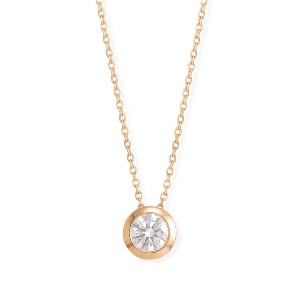 14K Gold plated chain necklace with a single round bezel-set stone pendant at the center
