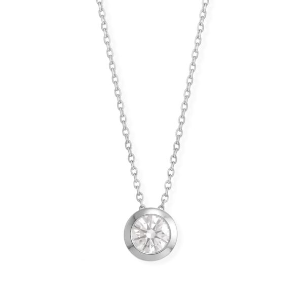 Rhodium plated sterling silver necklace with a bezel-set round stone slide pendant on a fine chain