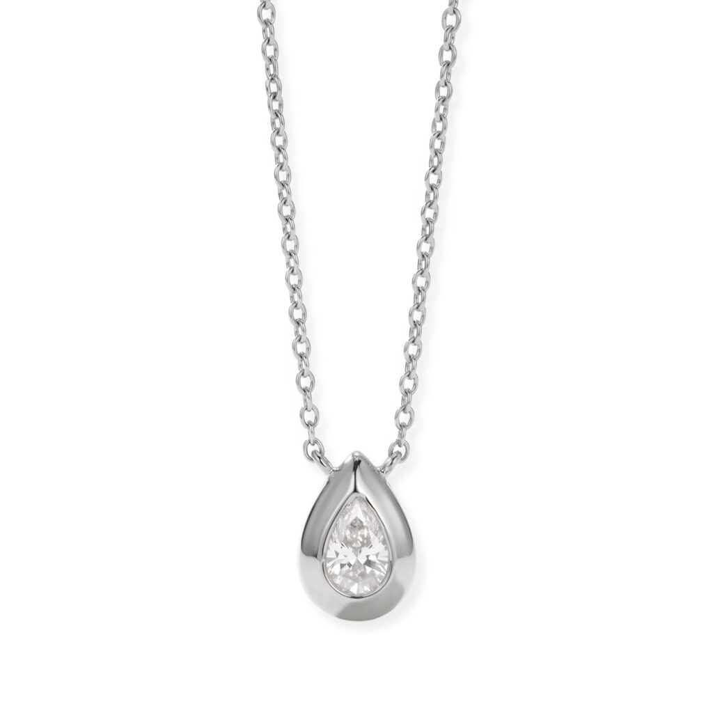 Pendant necklace with a teardrop-shaped setting holding a single pear-cut stone