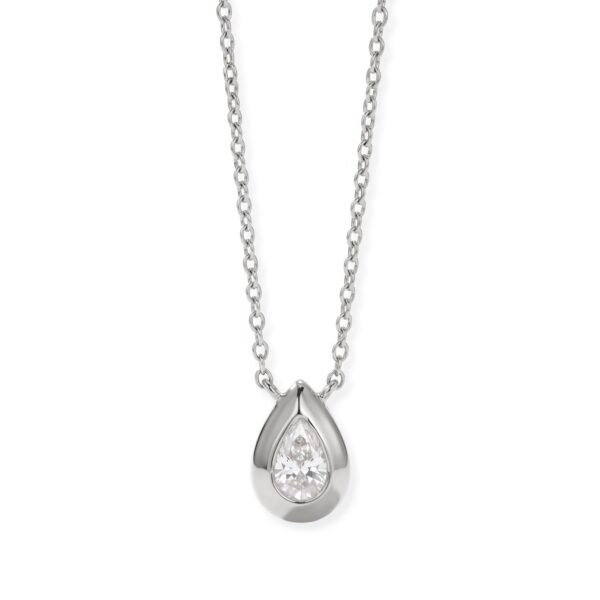 Pendant necklace with a teardrop-shaped setting holding a single pear-cut stone