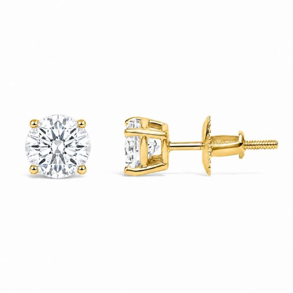 Round lab-grown diamond solitaire stud earrings in 4-Prong settings with IGI certification.