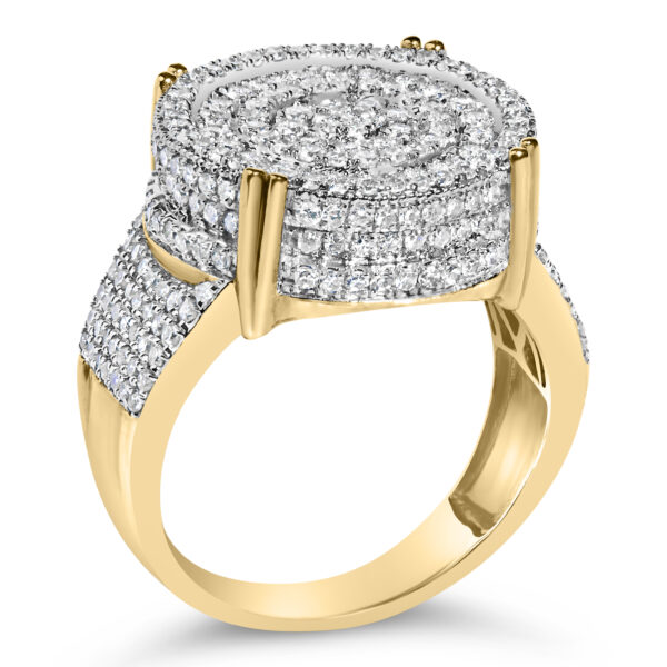 Concentric circle diamond ring with 277 round diamonds totaling 2.09 ct, rhodium plated over gold.