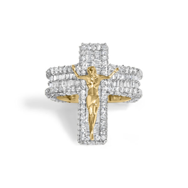 Crucifix cross ring in rhodium plated over gold with natural round and baguette diamonds in prong settings.