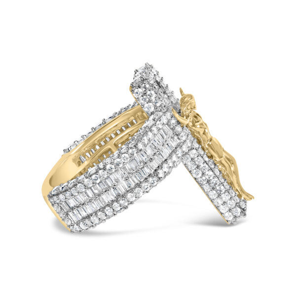 Natural round and baguette diamonds in prong settings on a rhodium plated over gold crucifix cross ring.