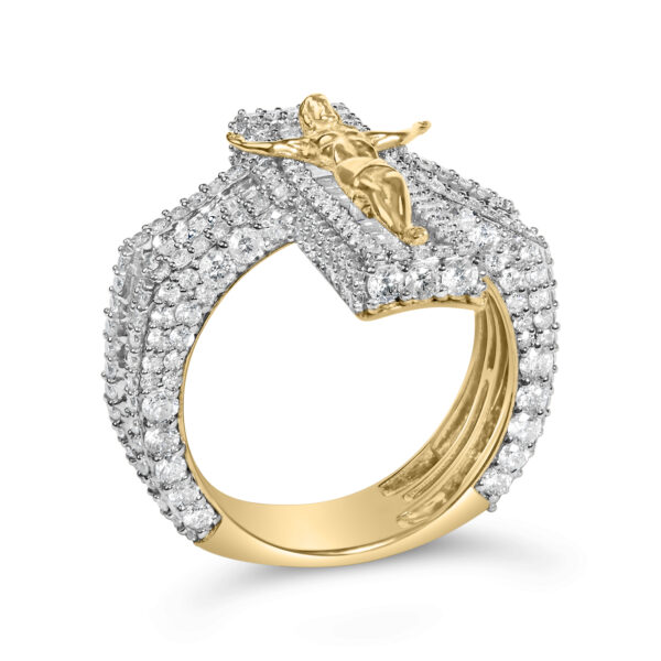 Rhodium plated over gold crucifix cross ring with 122 natural diamonds and 5.4 ct total diamond weight.
