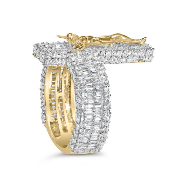 Round and baguette natural diamonds in prong settings on a rhodium plated over gold cross ring.