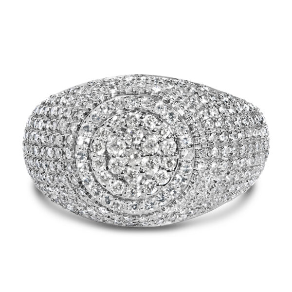 Men's rhodium plated over gold dome band with 255 natural, untreated round diamonds in prong settings.