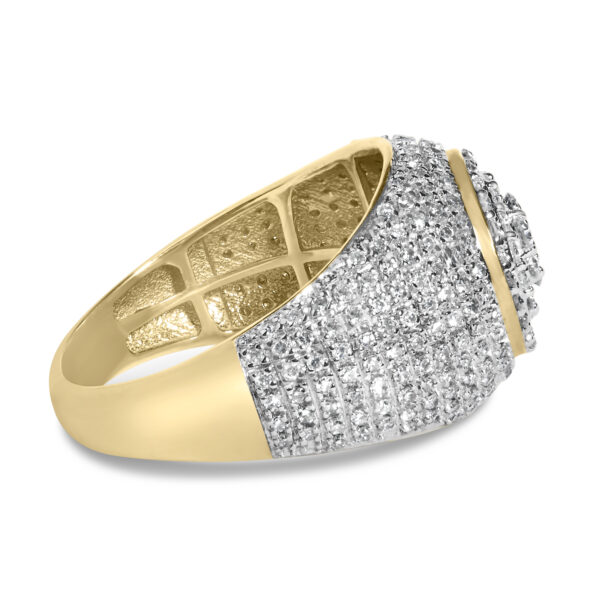 Rhodium plated over gold men's cluster dome band set with natural, untreated round diamonds in prong settings.