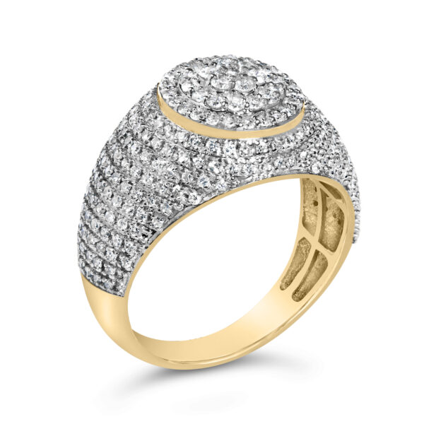 Men's dome band in rhodium plated over gold with 255 round diamonds in prong settings.