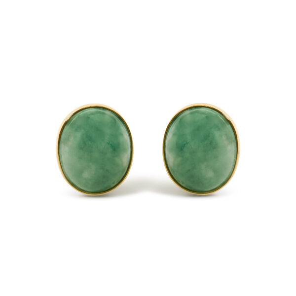 Pair of 18K yellow gold stud earrings with bezel-set oval green aventurine cabochons