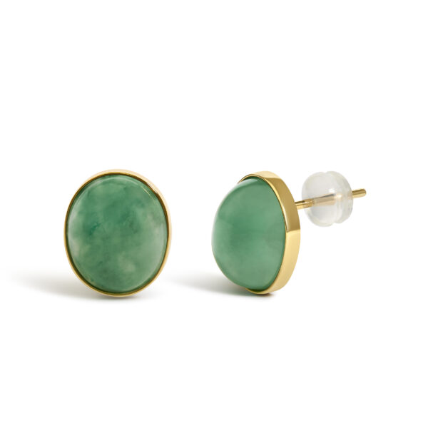 Side angle of a gold bezel-set green aventurine stud earring showing the setting profile