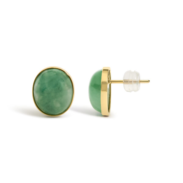 Close-up of green aventurine stud earring highlighting stone texture and gold rim