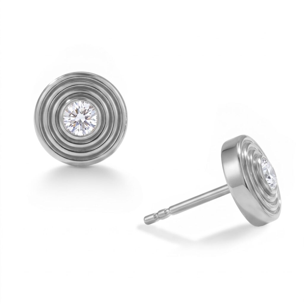 Round stud earrings with layered concentric circle discs and a central set stone