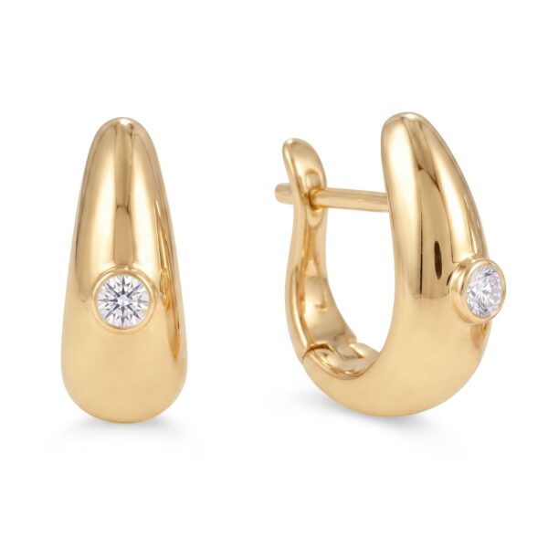 Dome-shaped 14K gold plated hoop earring with a single round bezel-set stone at center