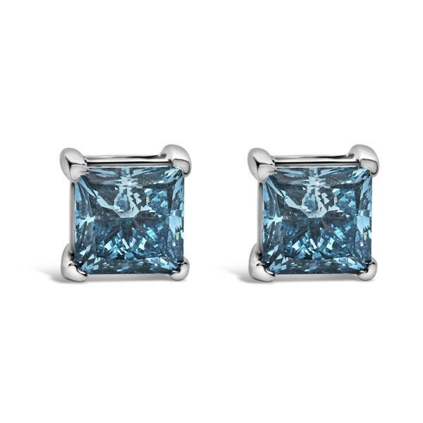 14K White Gold 1.0 Cttw Princess Cut Lab Grown Blue Diamond Solitaire Stud Earrings