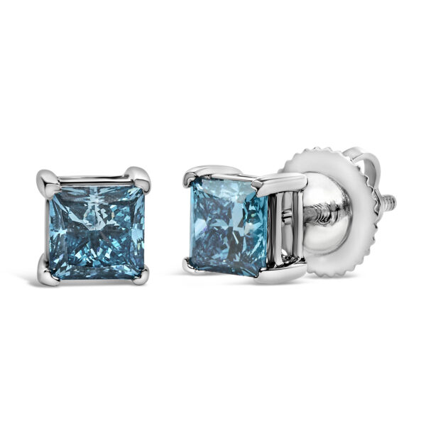 Close-up of one stud earring showing the princess-cut blue diamond and prong setting from an angled view