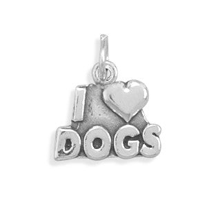 Heart-shaped charm with DOGS lettering reading I Love Dogs in a white-toned finish
