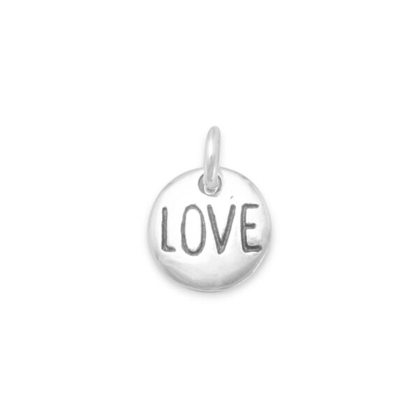 Round disc charm engraved with the word LOVE in an oxidized finish, with a jump ring at the top