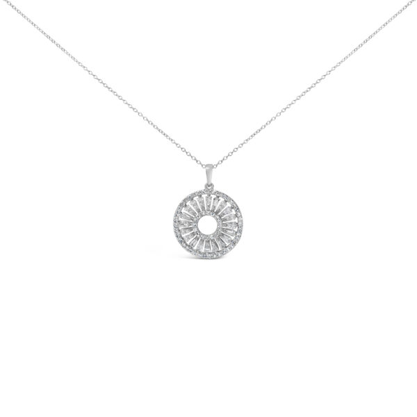 Openwork medallion pendant in rhodium plated sterling silver with round and baguette diamonds, on a cable chain