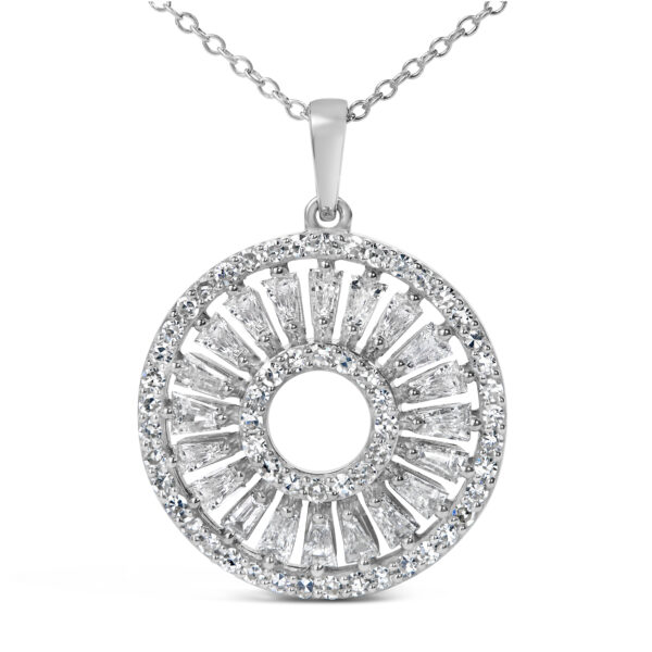 Side angle of the rhodium plated sterling silver medallion pendant showing the bail and chain connection