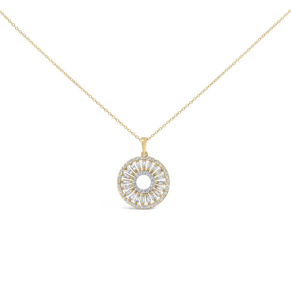 Sunburst medallion pendant with baguette and round diamonds on an 18 inch cable chain