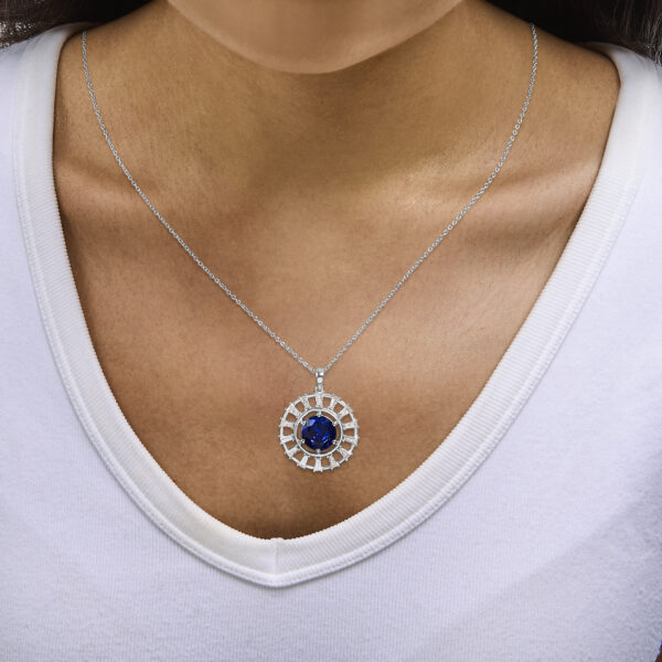 Medallion pendant worn on a neck, showing the necklace at its 18 inch chain length
