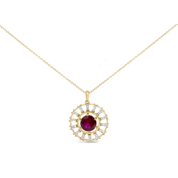 Round medallion pendant with a red center stone surrounded by a halo of baguette diamonds on a cable chain