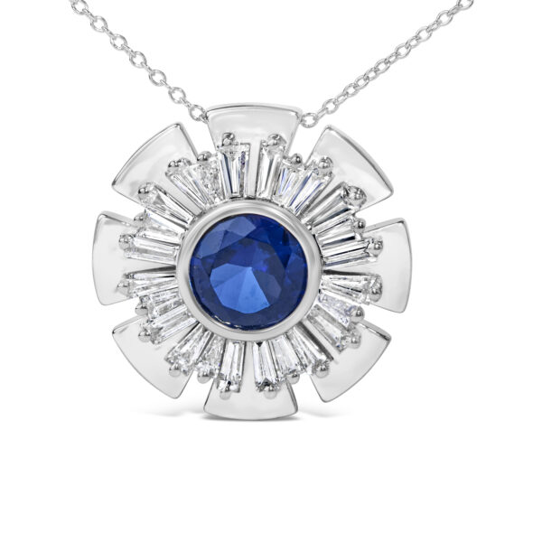 Close view of the sunburst pendant showing the bezel-set sapphire and surrounding baguette diamonds