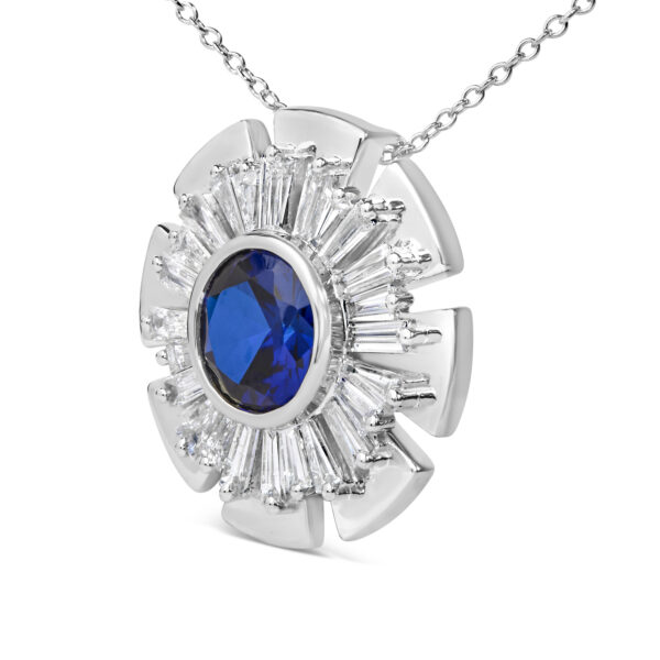 Side angle of the sunburst pendant showing the profile of the bezel setting and chain attachment