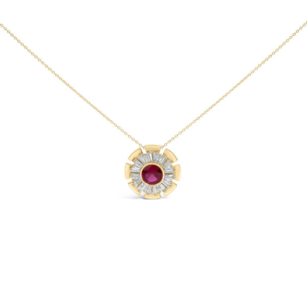 Round medallion pendant with a bezel-set red ruby center surrounded by baguette diamonds, on a cable chain