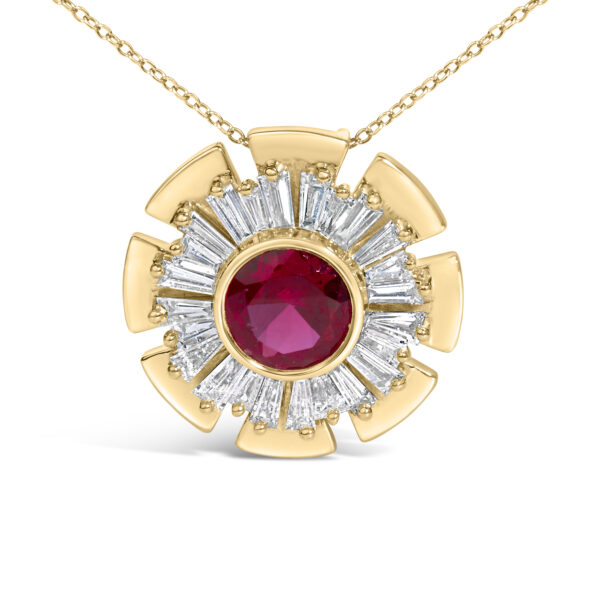 Close angle of the pendant showing the baguette diamonds catching light around the red ruby center