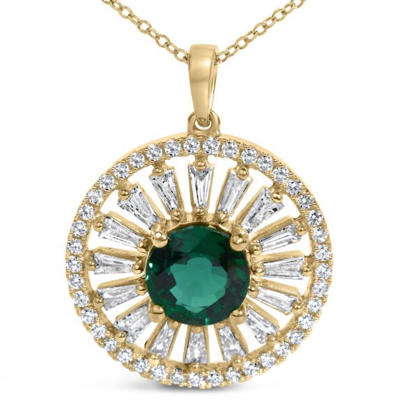 Close angle of the medallion showing the prong-set center stone and surrounding diamond rays