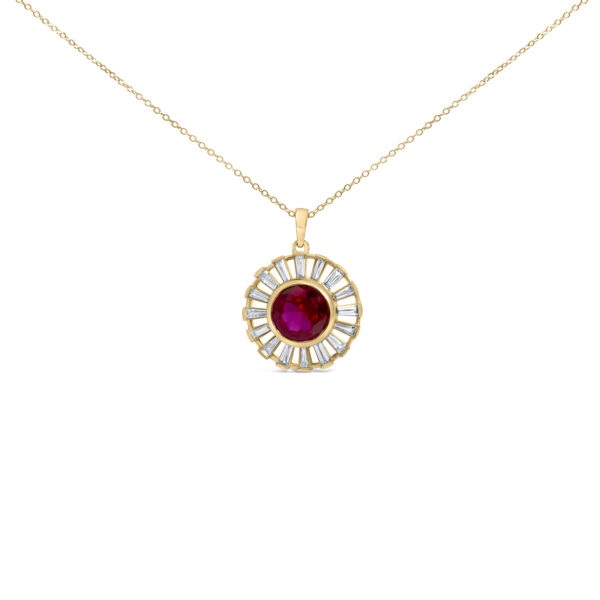 Sunburst medallion pendant with a round red center stone and baguette diamonds on a cable chain
