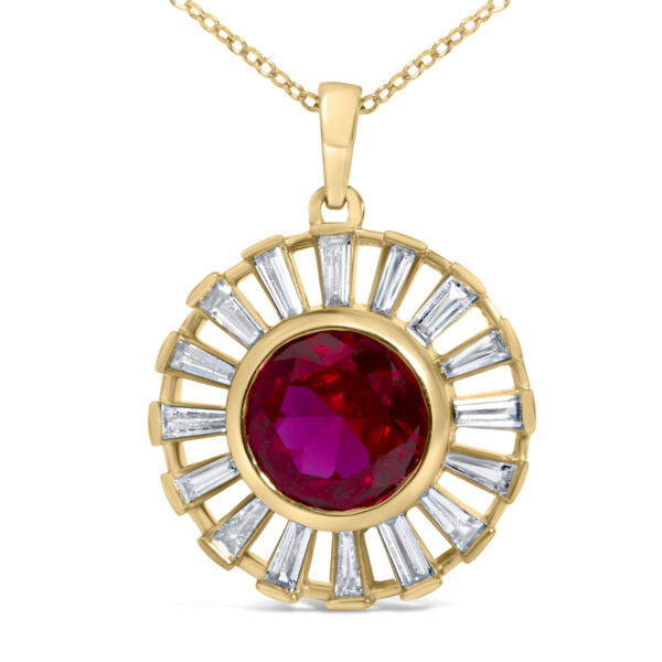 Close angle of the medallion pendant showing the bezel-set red stone and surrounding diamond channel