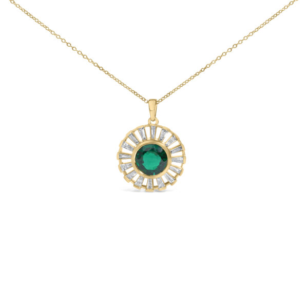 14K Gold plated pendant with a round green emerald center and sunburst of baguette diamonds on a cable chain