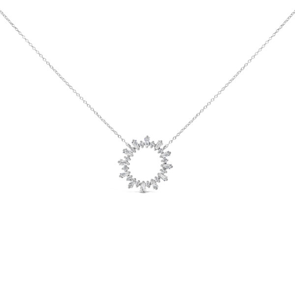 Starburst medallion pendant with alternating baguette and round diamonds on a cable chain