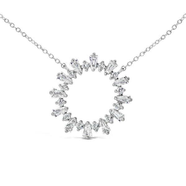 Side angle of the diamond medallion pendant showing the chain attachment and depth of the setting