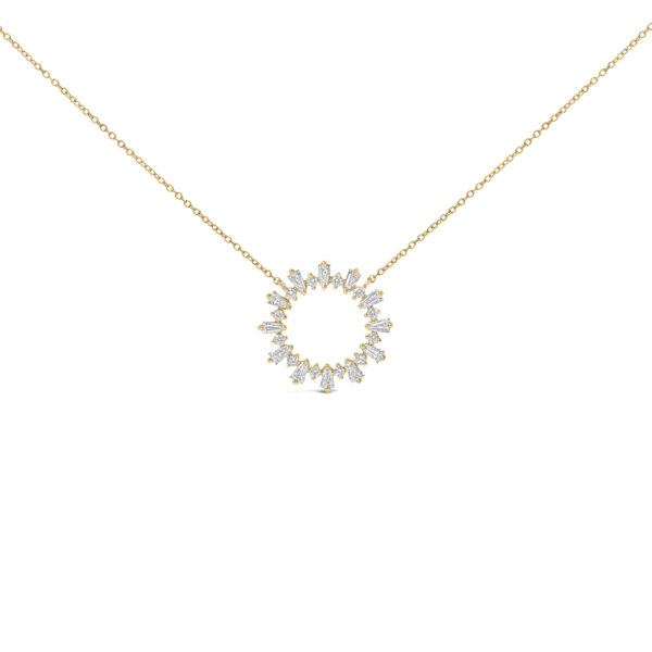 Starburst pendant in 14K gold plated sterling silver with prong-set baguette and round diamonds, shown on white background