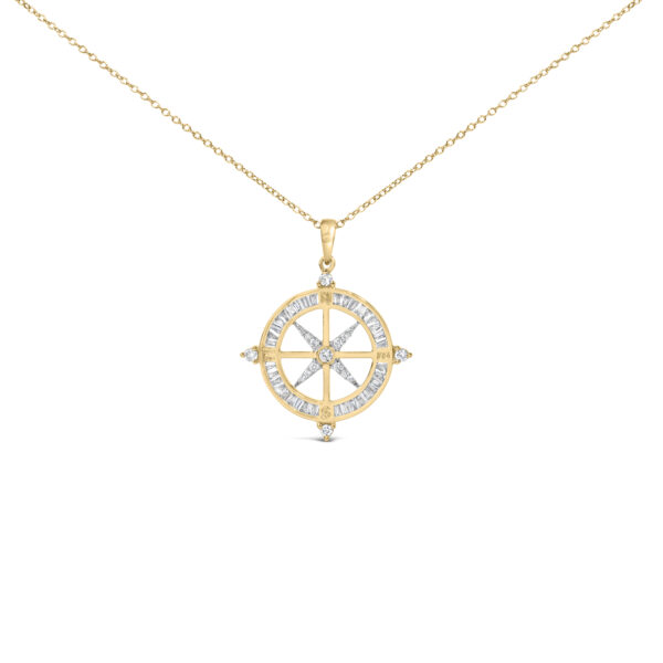 Compass medallion pendant in 14K gold plated .925 sterling silver with a ring of channel-set baguette diamonds along the rim
