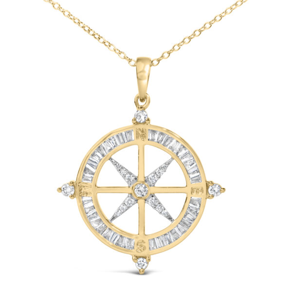 Side angle of the 14K gold plated sterling silver compass medallion pendant showing the bail and cable chain link