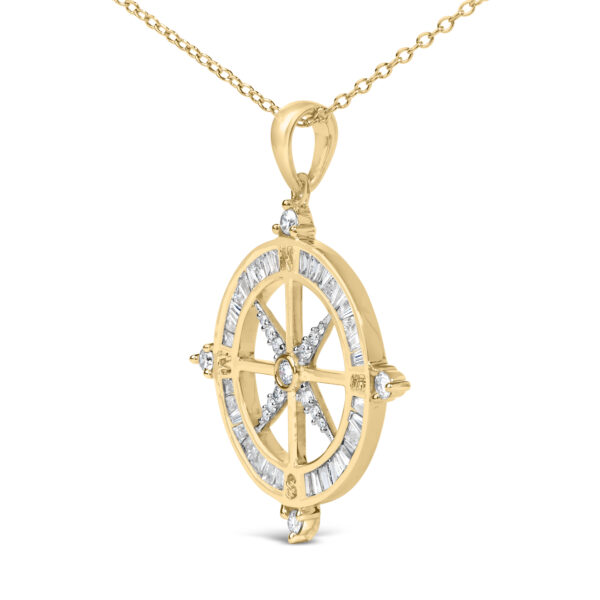 Close-up of channel-set baguette diamonds and prong-set round diamonds on the compass medallion pendant