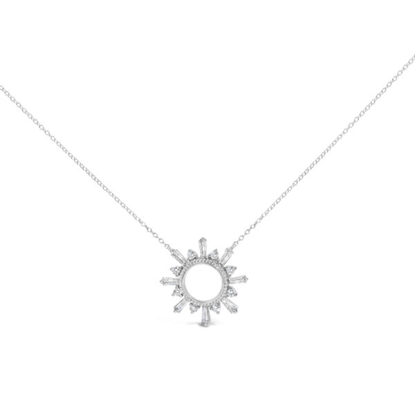Starburst medallion pendant with baguette and round diamonds on a sterling silver cable chain
