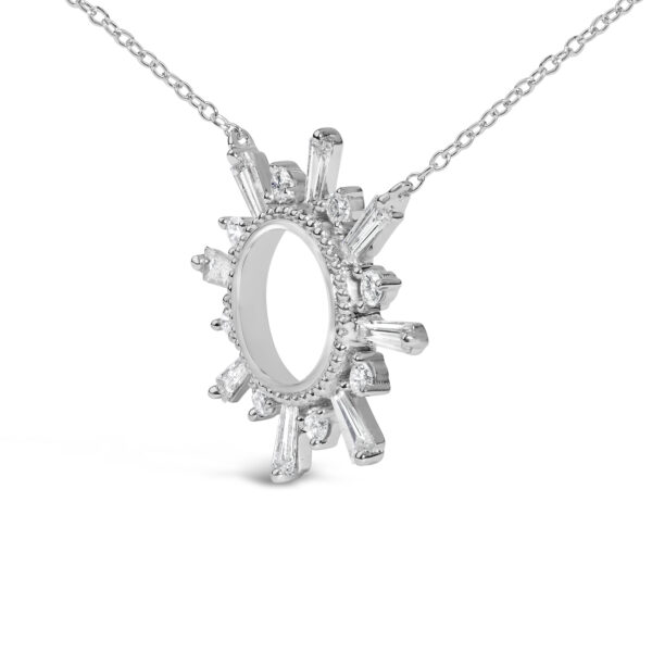 Side angle of the starburst pendant showing the rhodium plated sterling silver mounting