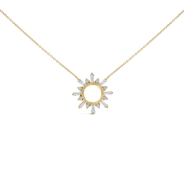 Open starburst pendant in 14K gold plated sterling silver with prong-set baguette and round diamonds along the rays