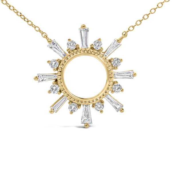 Side angle of the 14K gold plated sterling silver starburst pendant showing the prong settings holding each diamond