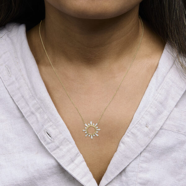 Starburst pendant necklace worn at the neckline