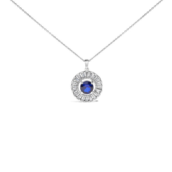 Sterling silver medallion pendant with a round blue center stone framed by baguette diamonds, on a cable chain